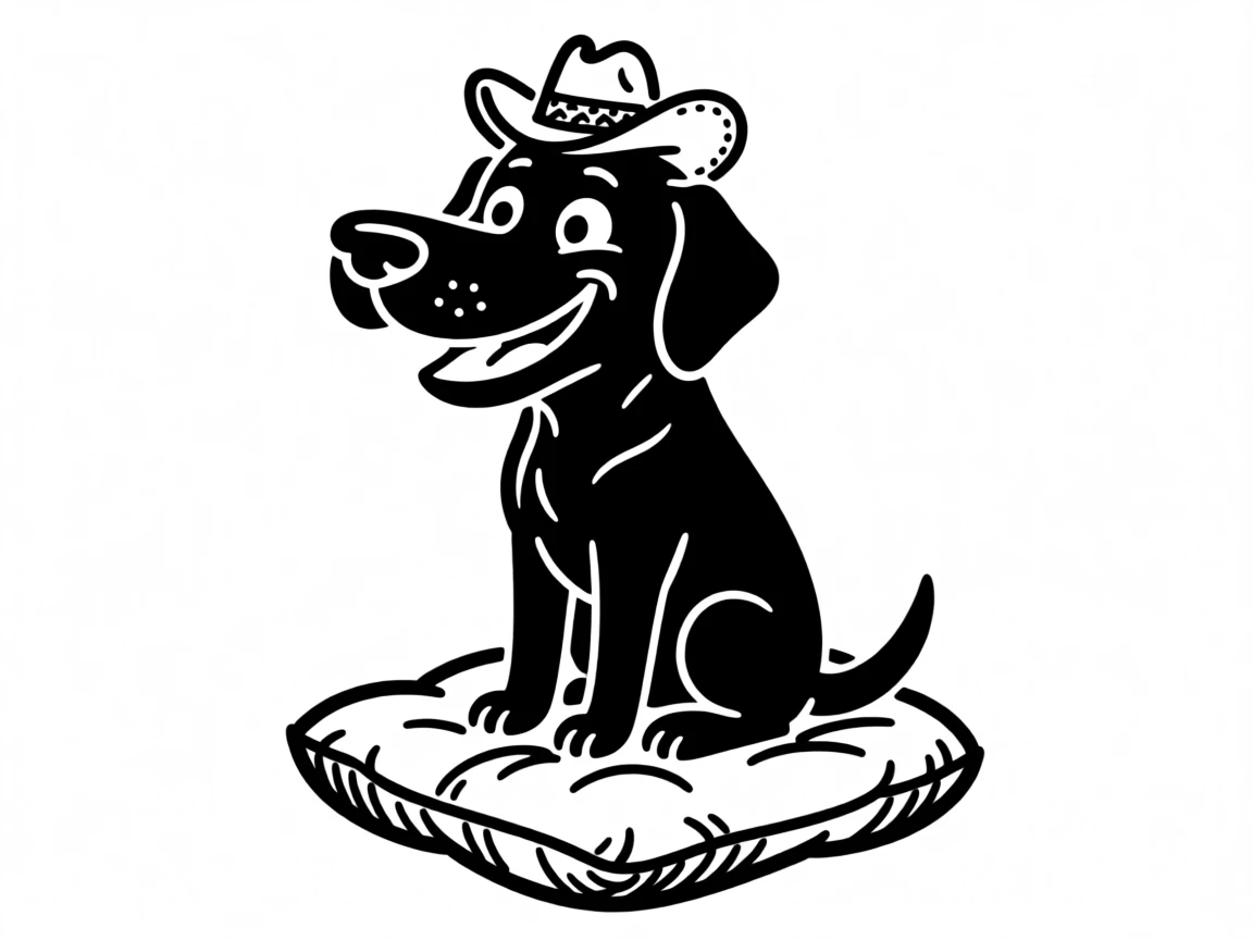 A black lab wearing a tiny cowboy hat, sitting proudly on a saddle-shaped cushion.