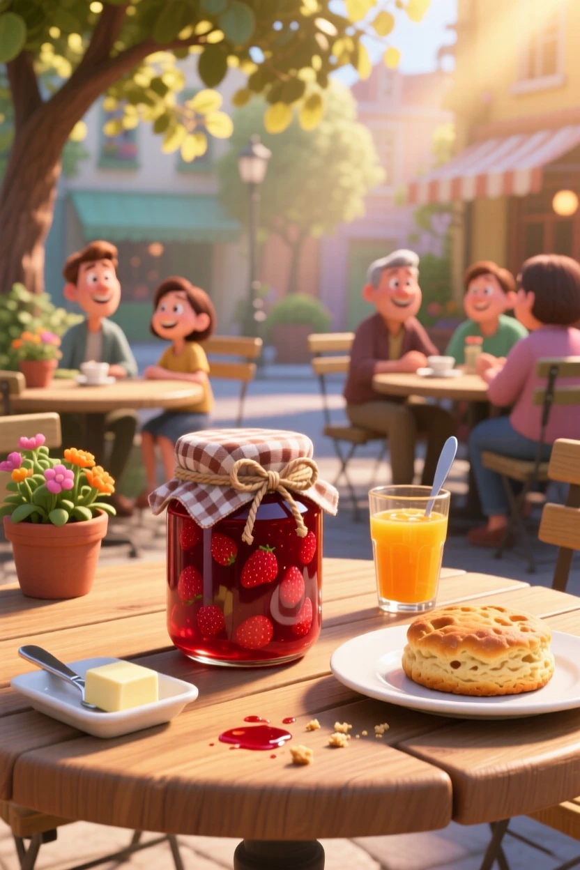 A jar of homemade strawberry jam sits at a sunny outdoor cafe table, with sunlight catching the glossy glaze. A comforting, homey feeling fills the moment.