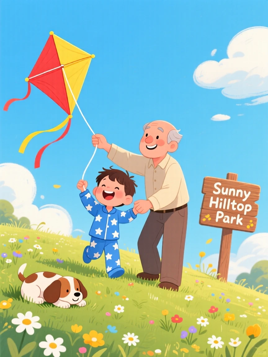 A young child in pajamas laughs while flying a kite on a breezy hilltop together with his kind uncle, while a puppy dozes nearby.