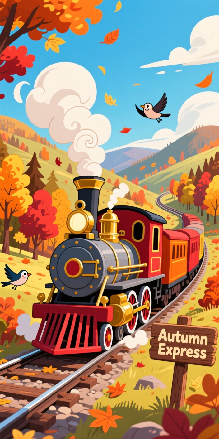 A steam train chugging through a valley of autumn foliage.
