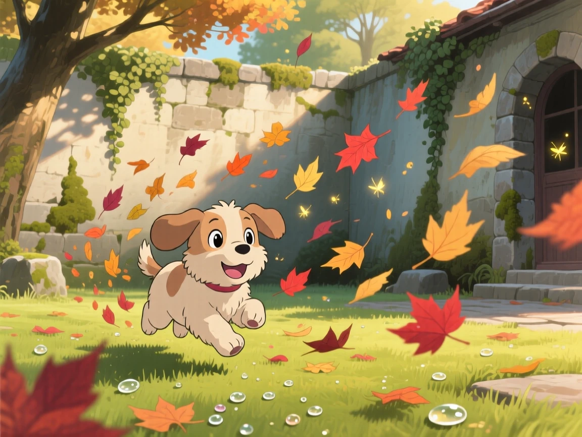 A puppy chasing falling leaves in a courtyard, with morning dew glistening on the grass nearby, radiating pure charm.