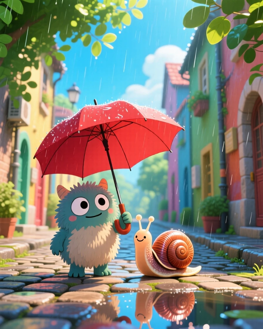 A small fuzzy monster sharing its umbrella with a snail, framed as a wide establishing shot within a rainy cobblestone alley, under a clear summer sky, glowing under dappled sunlight through a canopy, evoking proud determination.