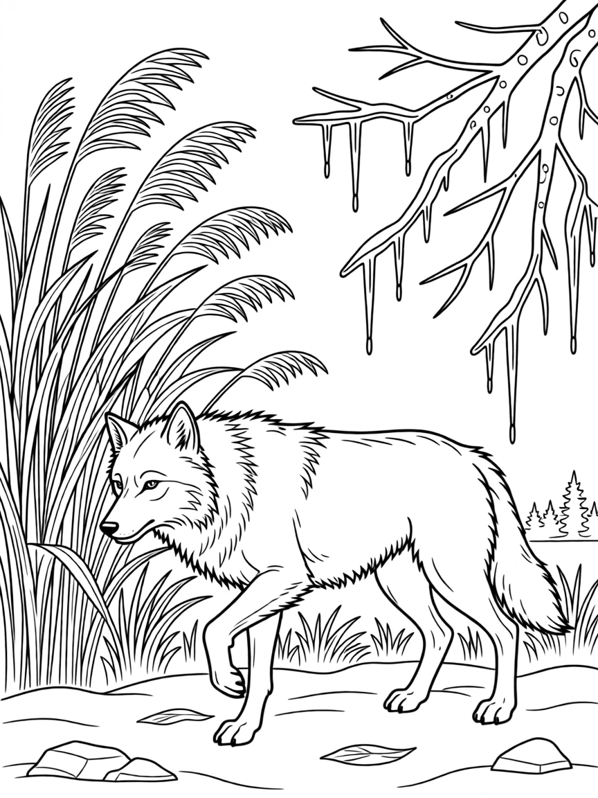 A wolf stalking prey through tall reeds, with icicles hanging from nearby branches.