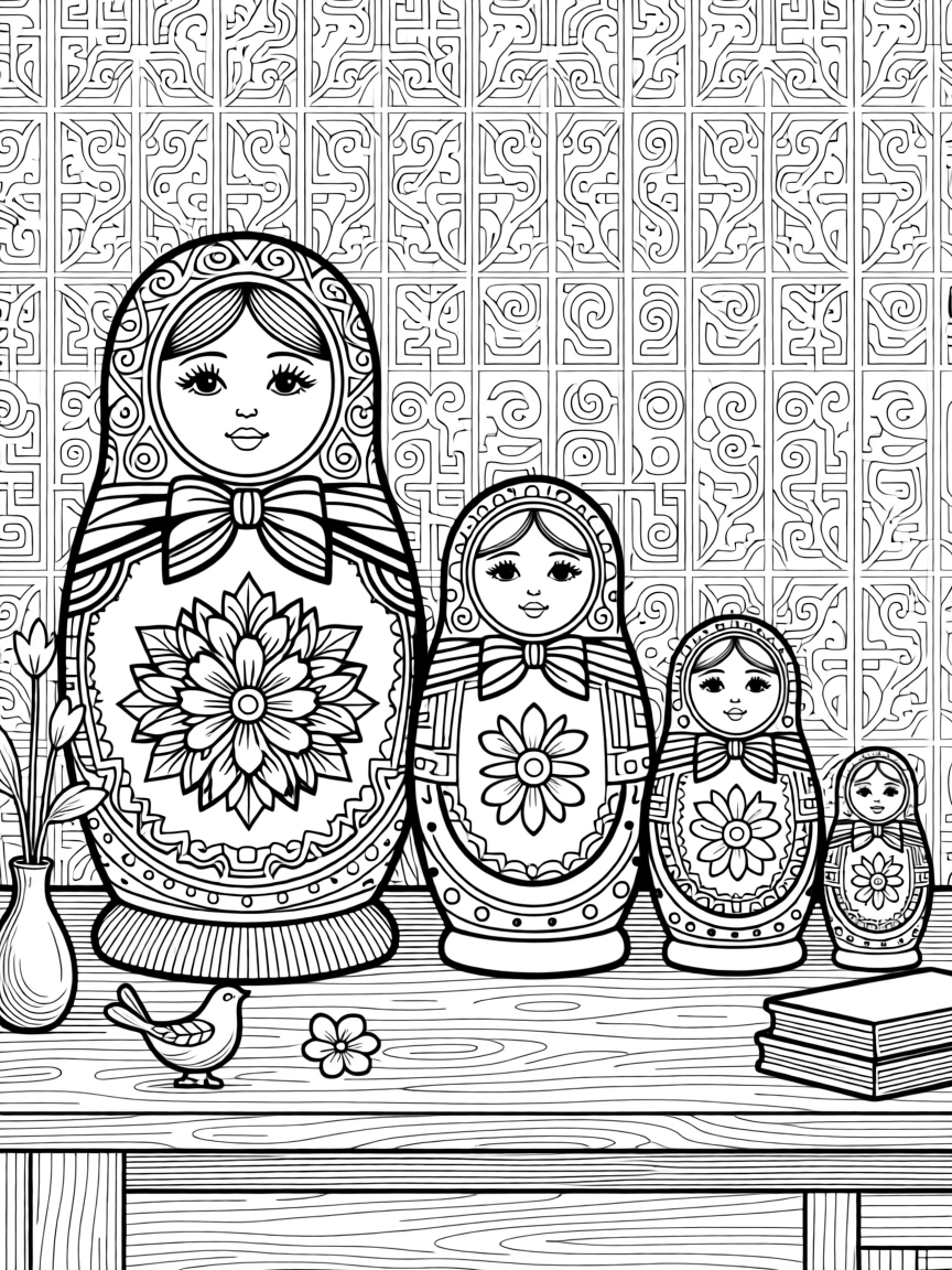 A set of nesting dolls arranged in size order on a shelf.