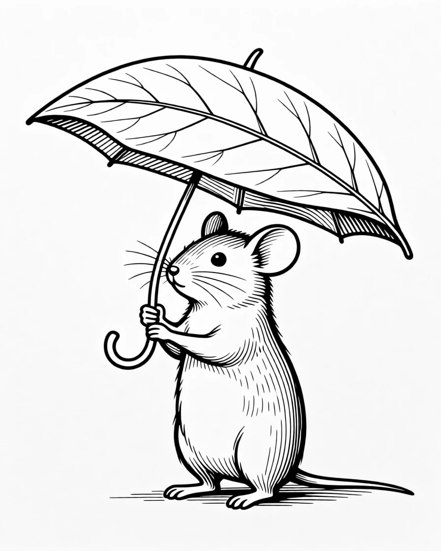 A tiny mouse wearing a leaf as an umbrella