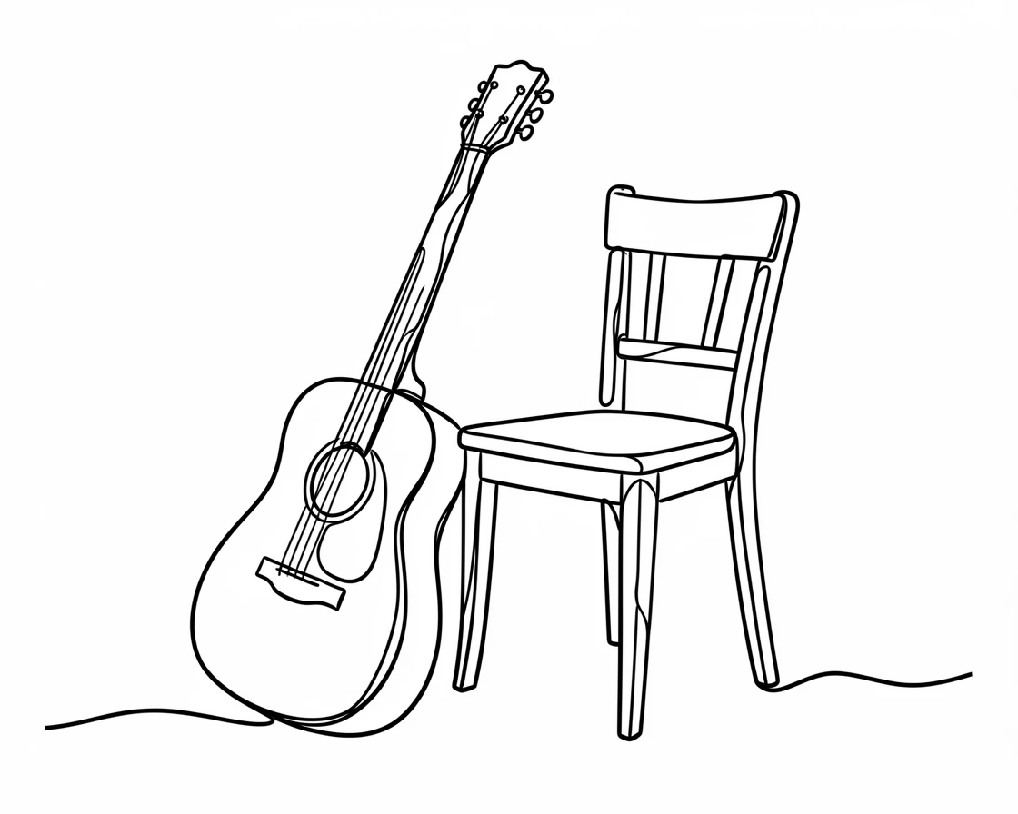 A weathered acoustic guitar leaning against a rustic wooden chair