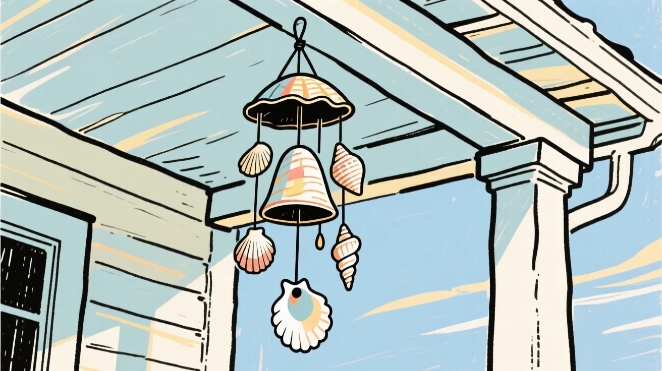A wind chime made of seashells hanging on a porch in the breeze.