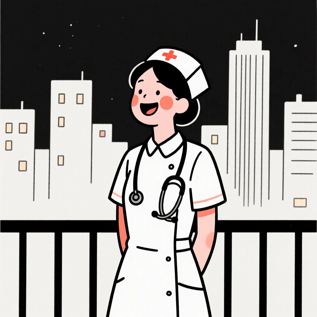 A nurse smiling at the end of a long day, laughing joyfully, on a city balcony at night.