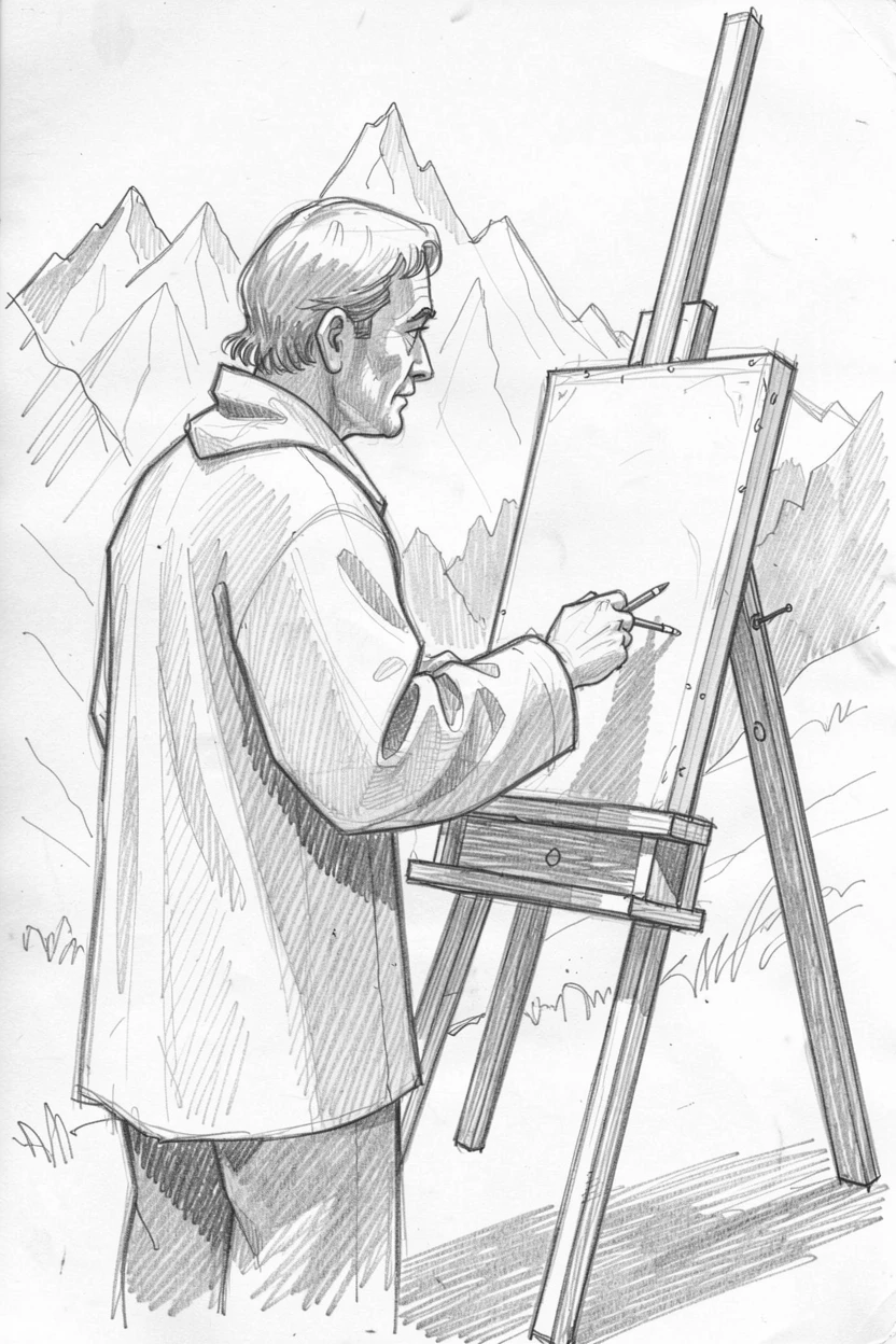 A painter working at an easel outdoors, against a dramatic mountain backdrop, with total calm and concentration.
