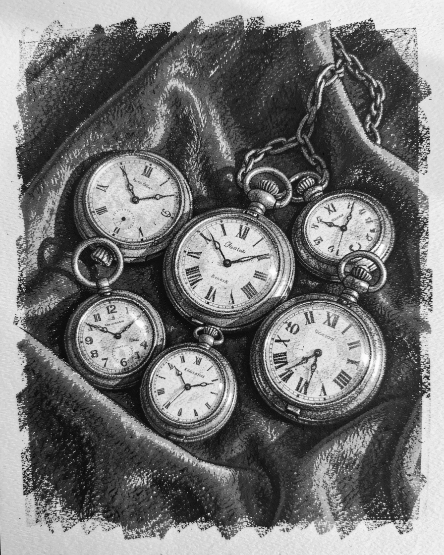 A collection of antique pocket watches on a velvet cloth, as golden afternoon sun spills across the scene.