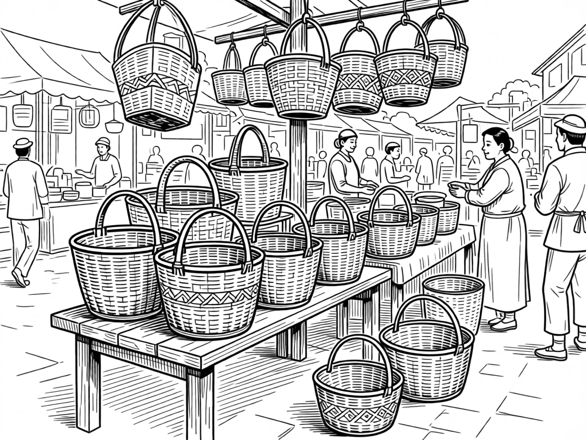 A vibrant street market filled with handwoven baskets and traditional crafts.