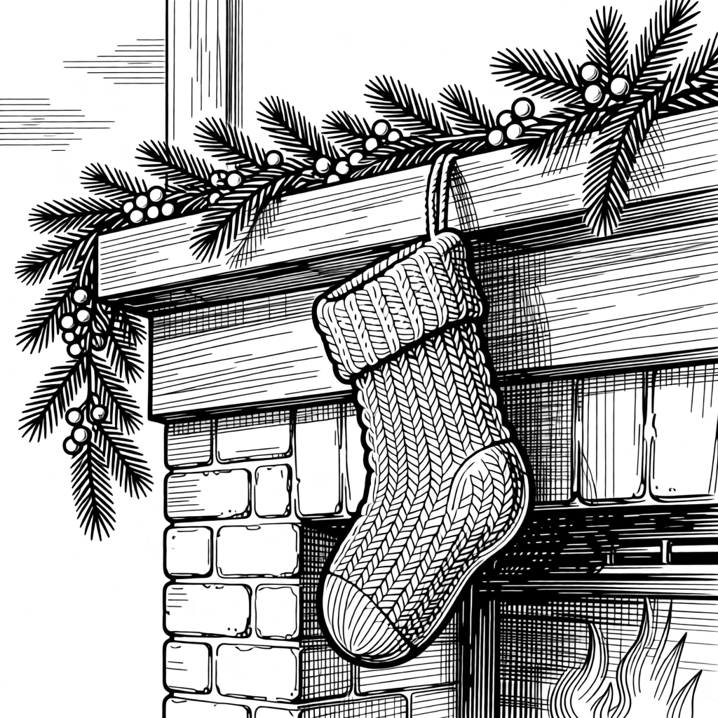 A cozy stocking hung by a fireplace under a sky painted with the colors of a harvest sunset, with garlands draped along a wooden railing, capturing a richly comforting seasonal moment.