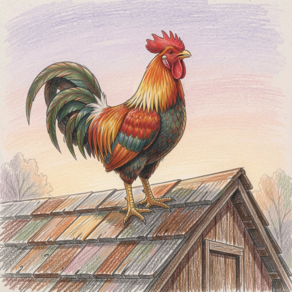 A colorful rooster crowing atop a rustic barn roof at dawn, with delicate details that reward a closer look, evoking nostalgia and a deep sense of contentment.