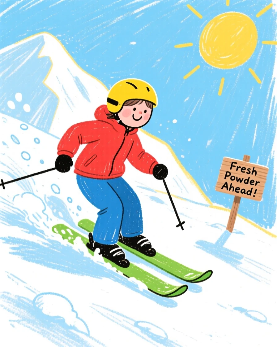 A skier carving fresh powder down a sunlit mountain slope.
