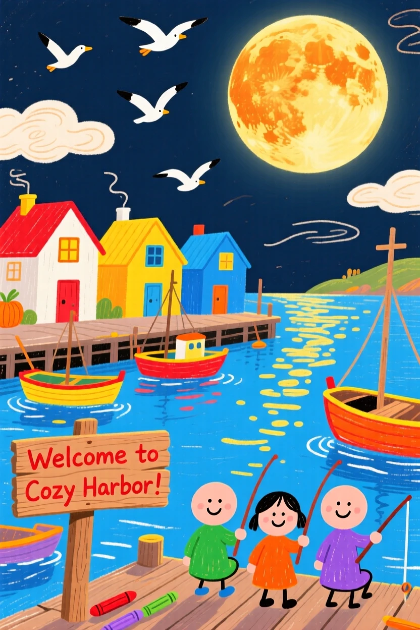 A small fishing village harbor beneath a full harvest moon.