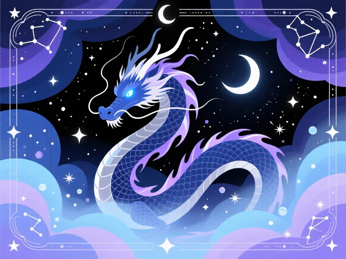 A celestial dragon coiling gracefully through swirling galaxy clouds, surrounded by a magical mist glowing faintly in the moonlight, framed to evoke a sense of magic and enchantment, with subtle magical particles drifting through the air.