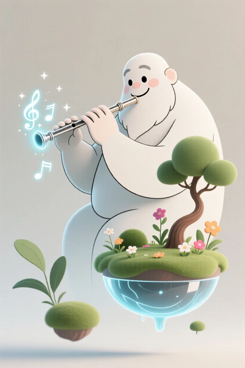 A gentle giant playing a magical flute near a floating garden.