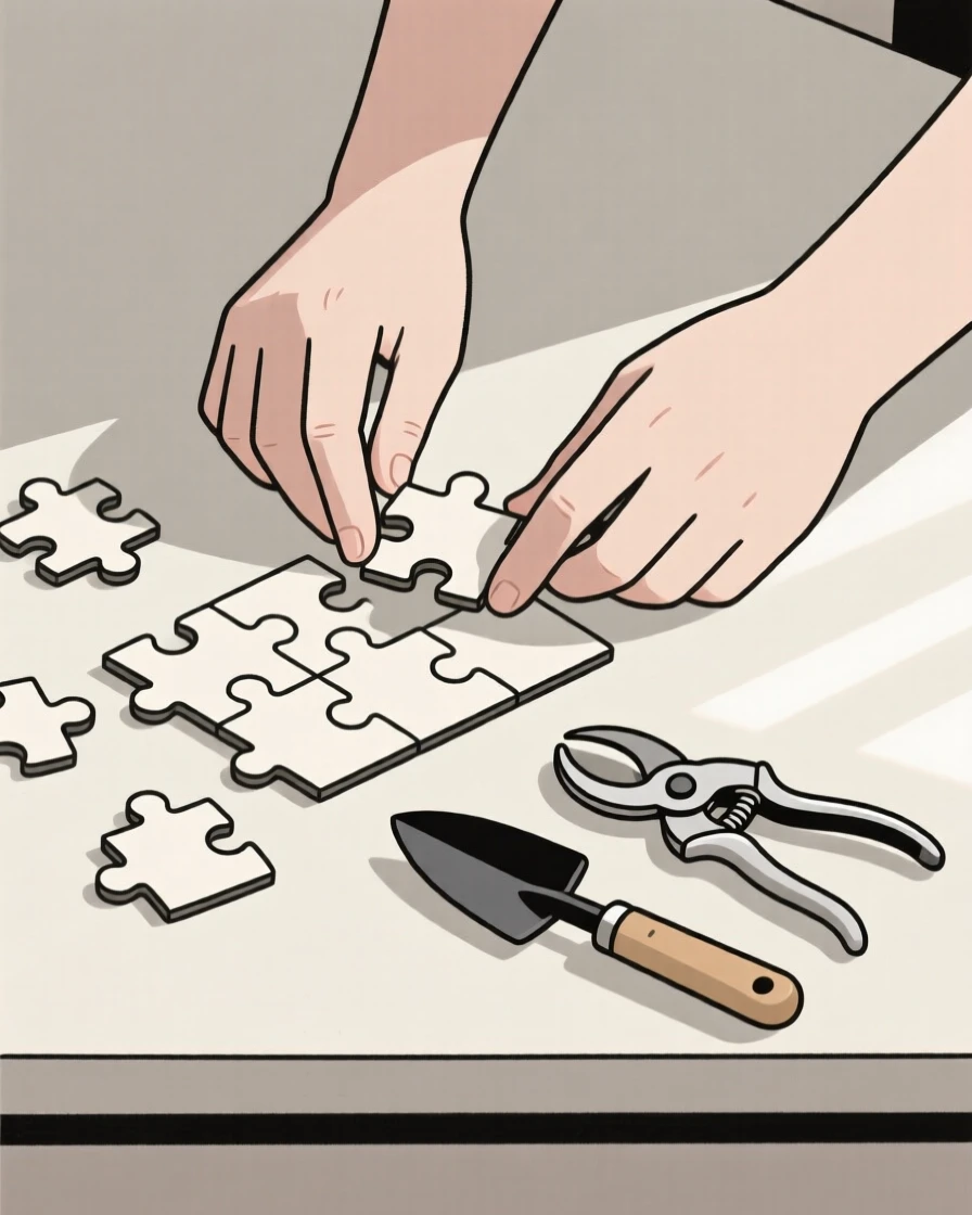 A close view of hands assembling a jigsaw puzzle near gardening tools in a sunlit studio, full of focused calm.