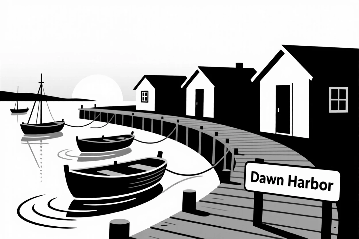 A small fishing village at dawn.