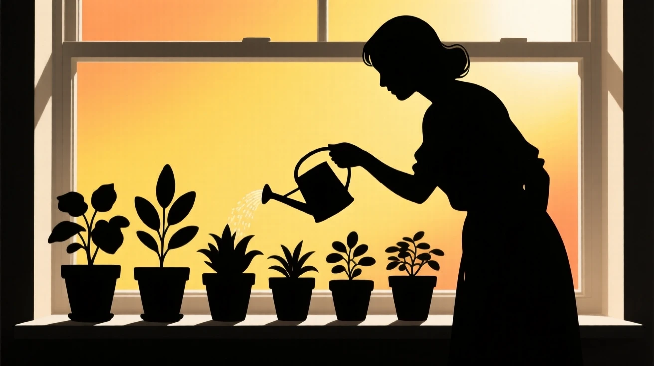 A mother watering a row of potted plants on a sunlit windowsill.