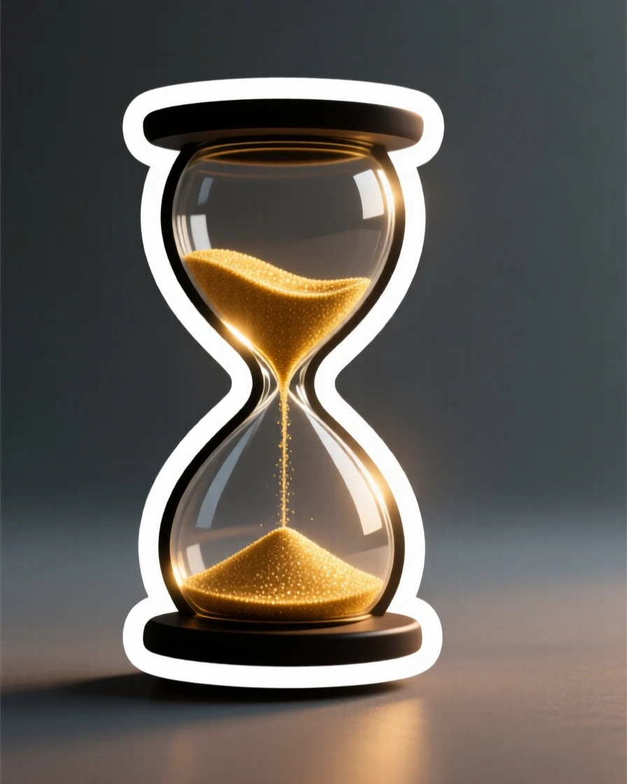 A gently uplifting scene of a hourglass with golden sand catching the light, glowing softly against a dark background, symbolizing quiet strength and resilience.