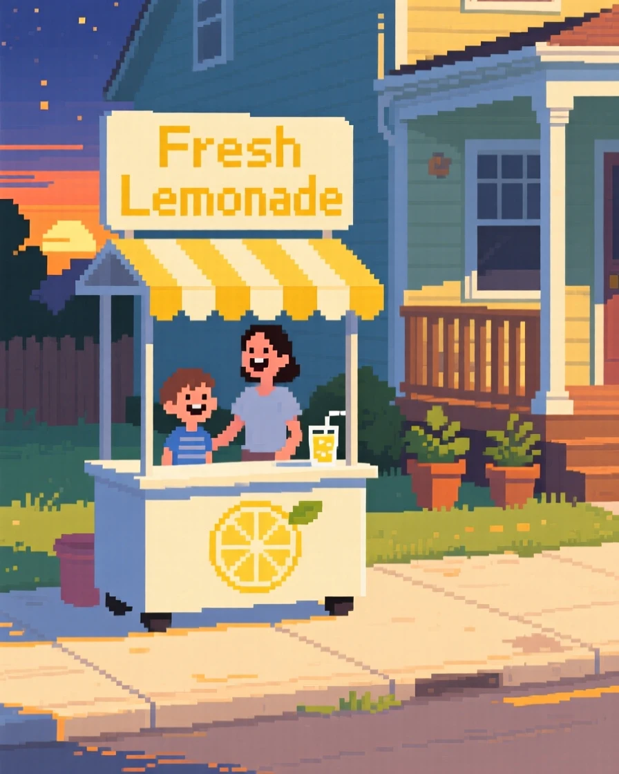 A lemonade stand on a sunny sidewalk laughing together on a warm summer evening, on a porch during a warm summer night.