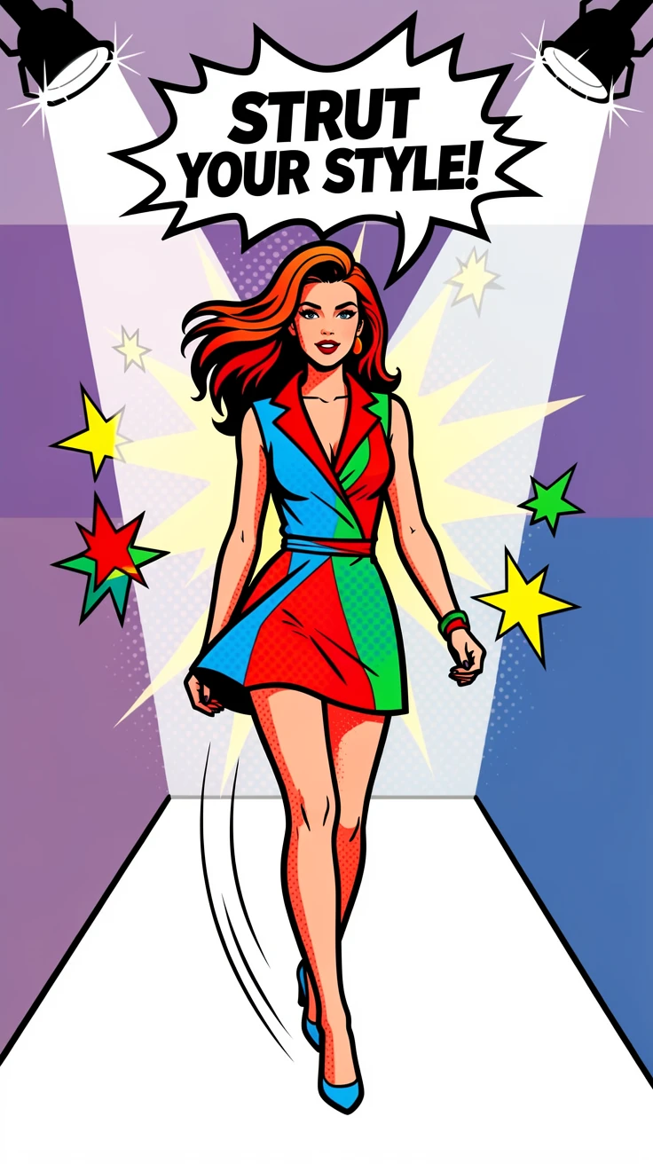 A model striding confidently down a runway under clear lights