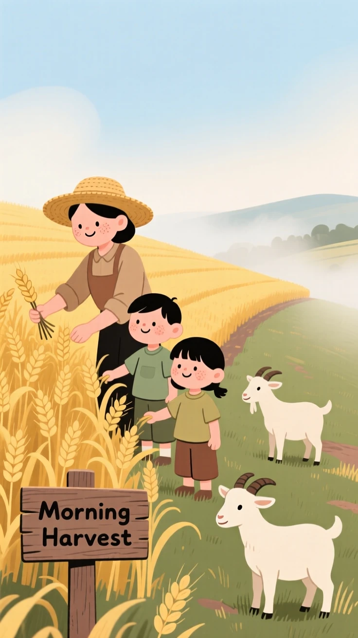 A small family tends rows of golden wheat on a hillside field as goats wander nearby and the morning mist begins to lift.