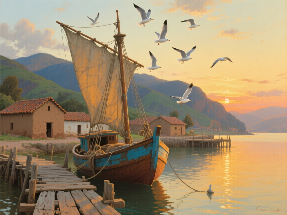 A balanced composition of a fishing boat returning to harbor as gulls circle overhead, in a Peruvian Andean village, at dusk, in bright warm sunshine.