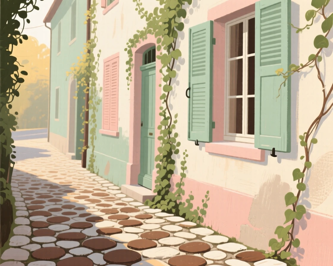 A quiet cobbled lane winding past shuttered windows and ivy-covered walls