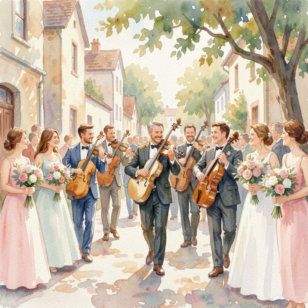 A traditional wedding procession with musicians and flowers with joyful music filling the air.