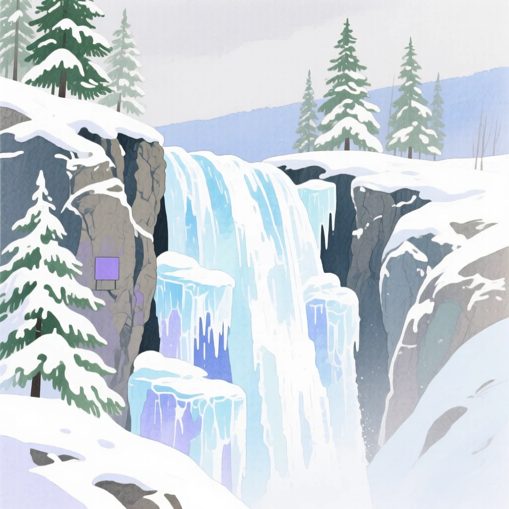 A frozen waterfall cascades in icy layers down a rocky cliff surrounded by snow-laden evergreen trees