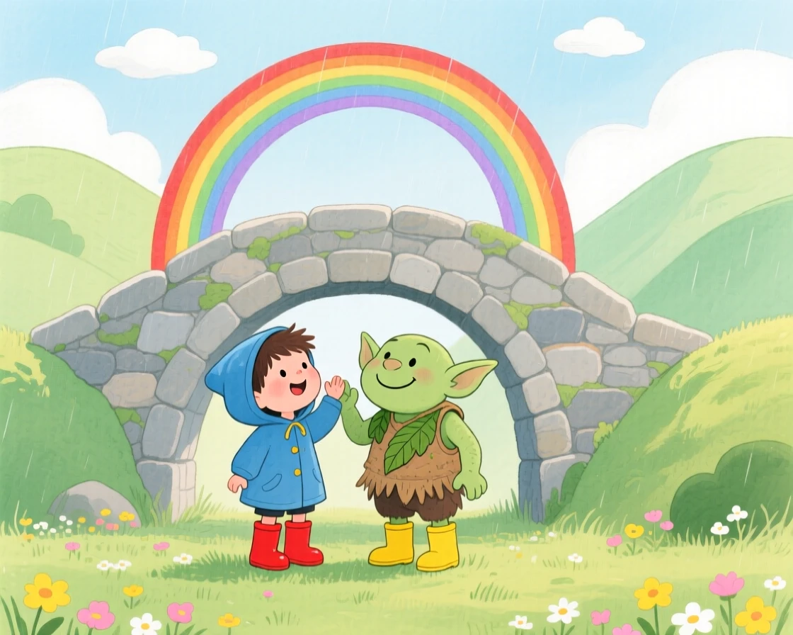 A small boy in rain boots and a friendly troll under a bridge exploring a rainbow bridge between two hills together.