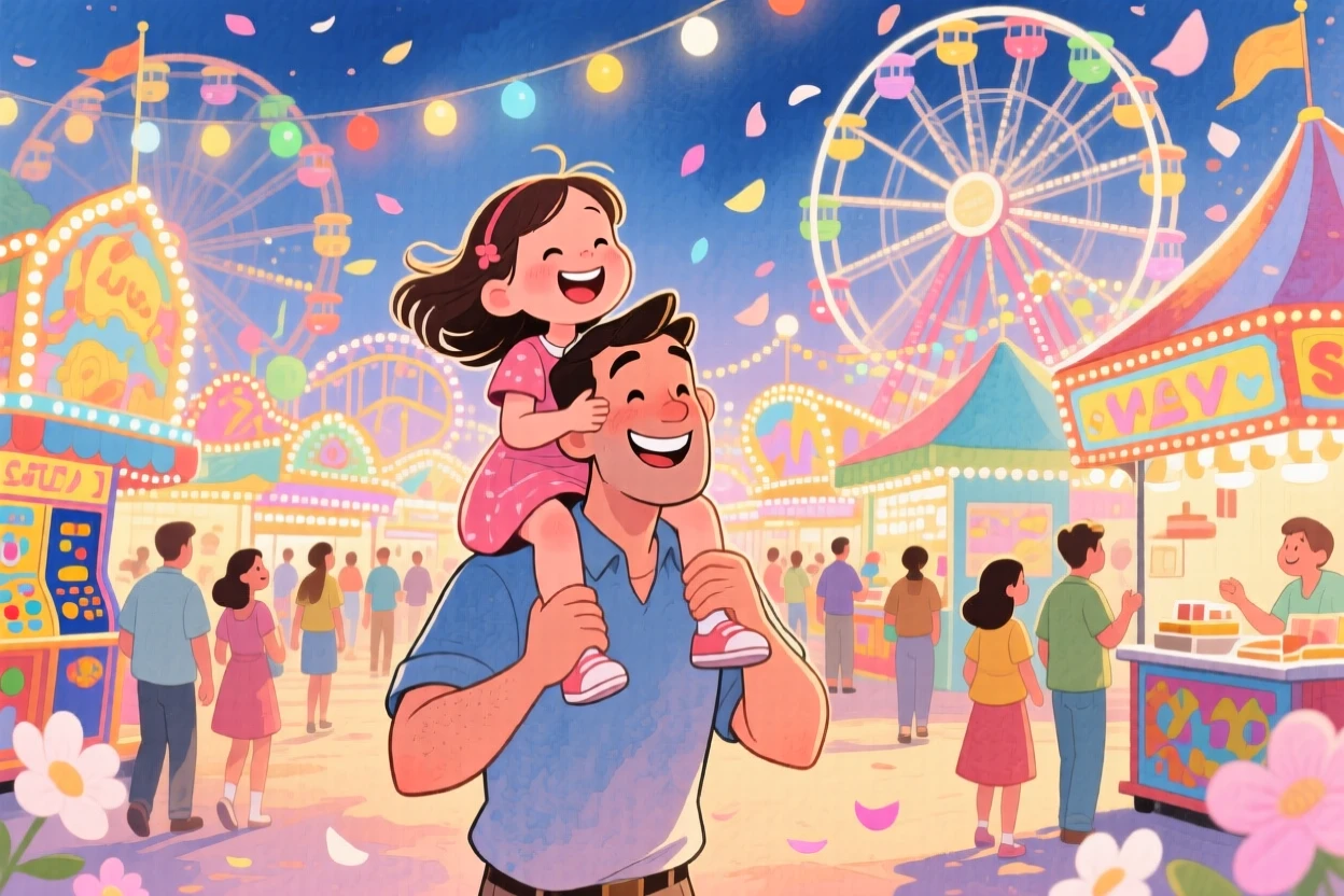 A father carrying his daughter on his shoulders through a fair, in a bustling carnival lit with colorful lights, with flower petals drifting through the air, joyful parental affection.