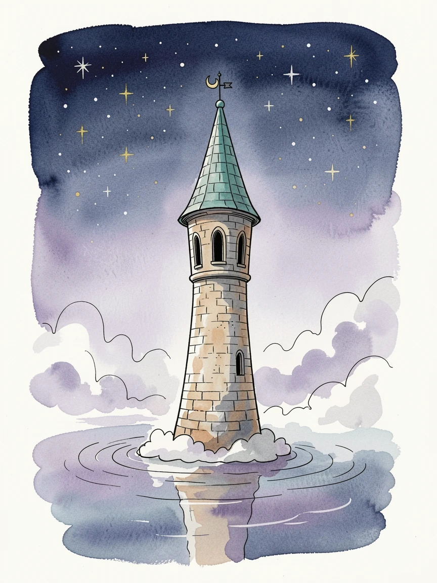 A wizard's tower rising from a misty lake under a sky full of stars, an air of wonder and quiet mystery throughout.