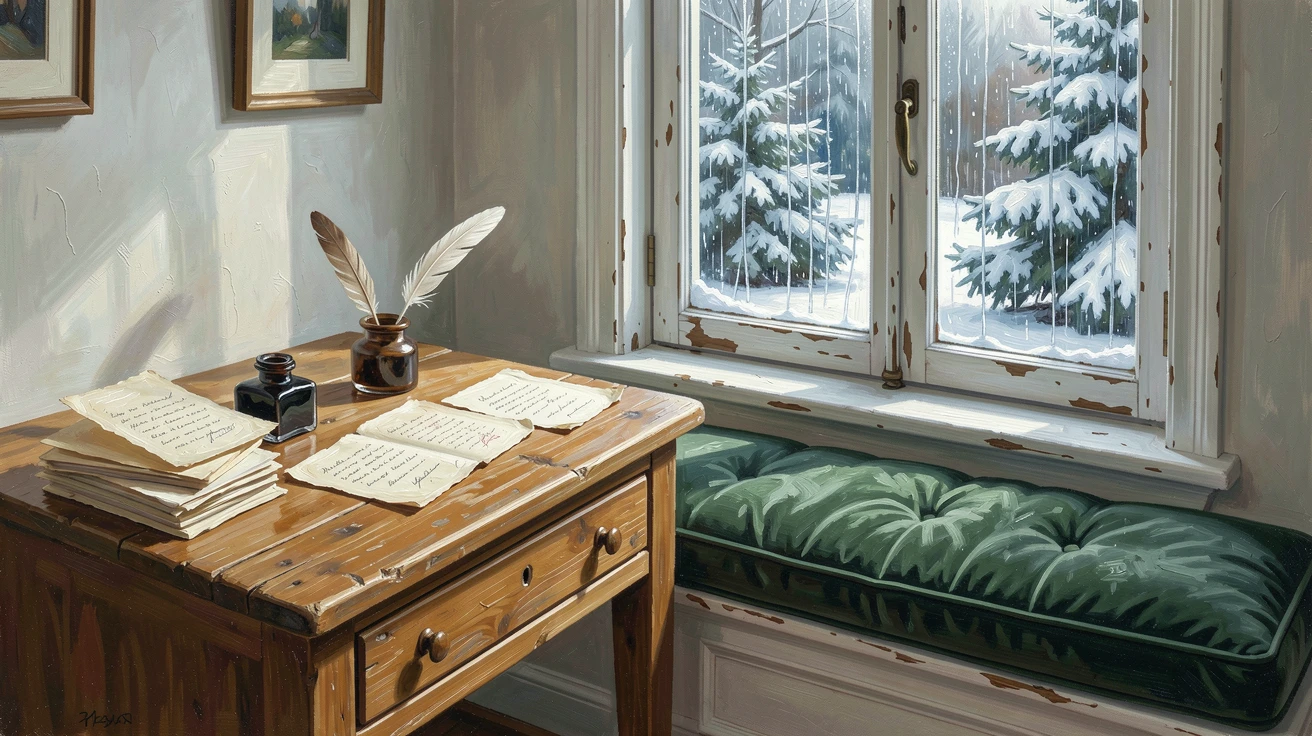 Beside a wooden desk cluttered with letters and ink, a window seat overlooking a snowy garden, rain tracing slow paths down the windowpane, on a lazy Sunday morning.
