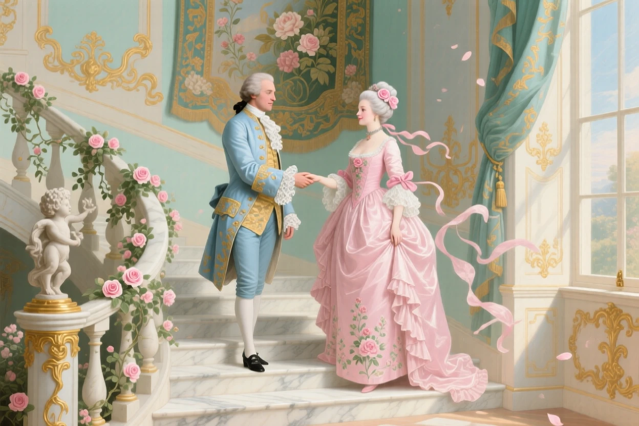 A gentleman offering his hand to a lady on a marble staircase  