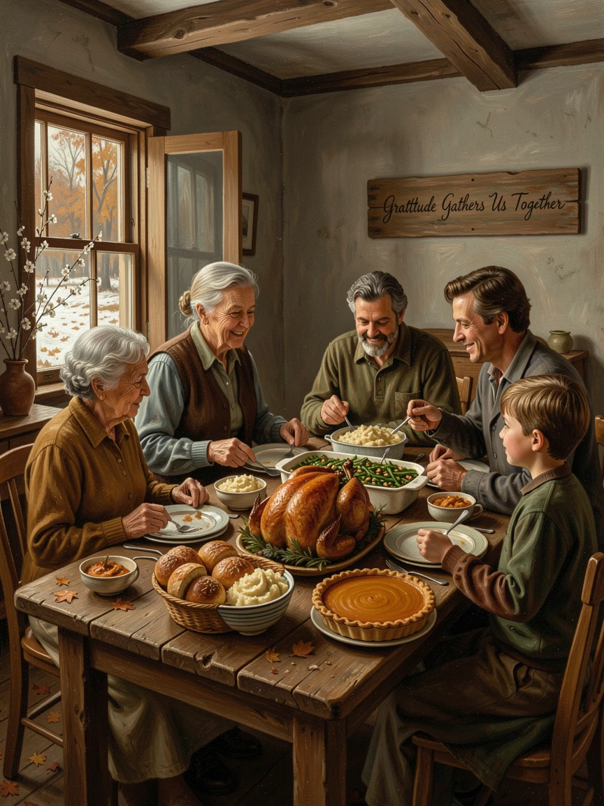 A family gathered around a Thanksgiving table piled high with food, with authentic seasonal textures like snow, leaves, or blossoms, radiating comfort, celebration, and heartfelt togetherness