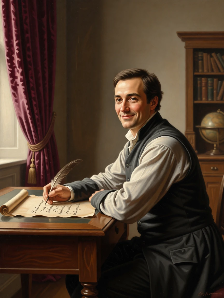 A poet lost in thought with quill hovering over parchment captured in a quiet, introspective moment, set in a sunlit drawing room with heavy velvet curtains, with a faint, knowing smile just touching the corner of the mouth; the pose is turned gently off-center for a natural, candid feel, radiating warmth, humility, and lived experience.