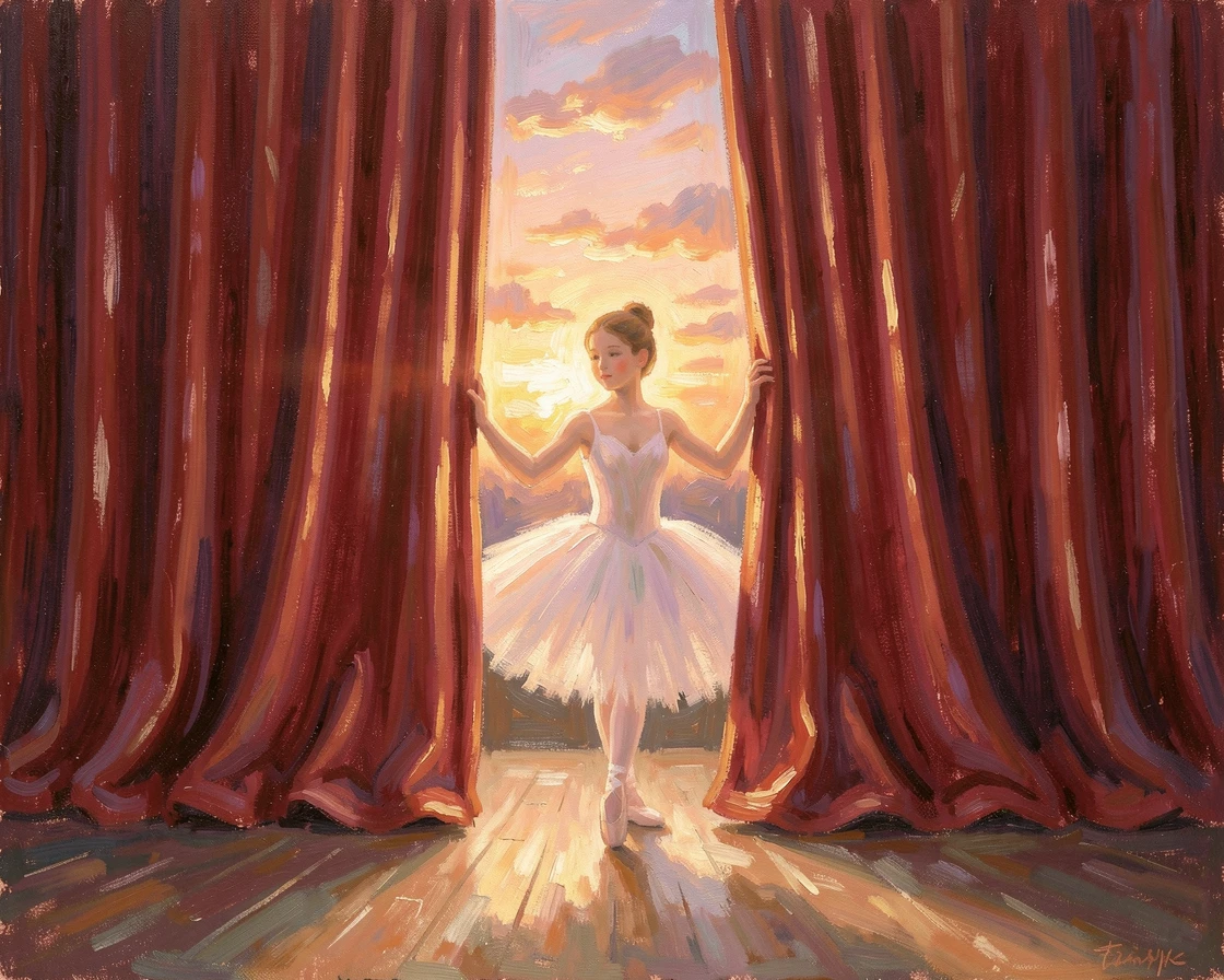 A young ballerina peeking through stage curtains before her first performance, under a glowing sunset sky, radiating serenity and gentle stillness.
