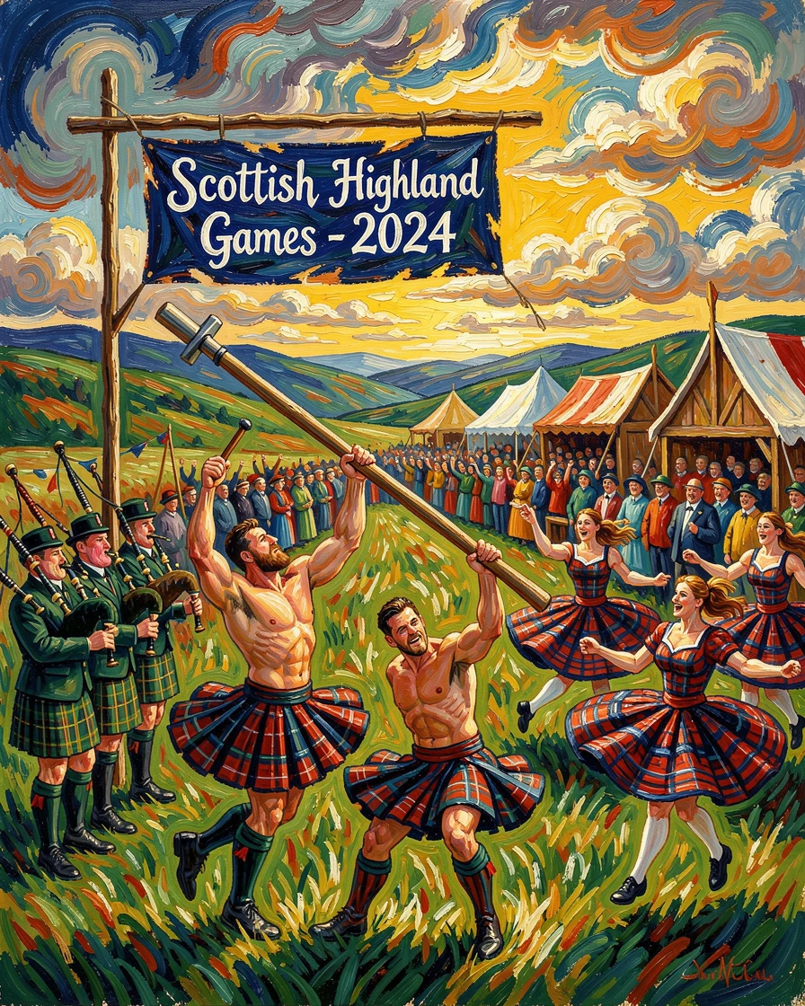 A grand Scottish Highland games gathering with dancers, pipers, and athletes competing.
