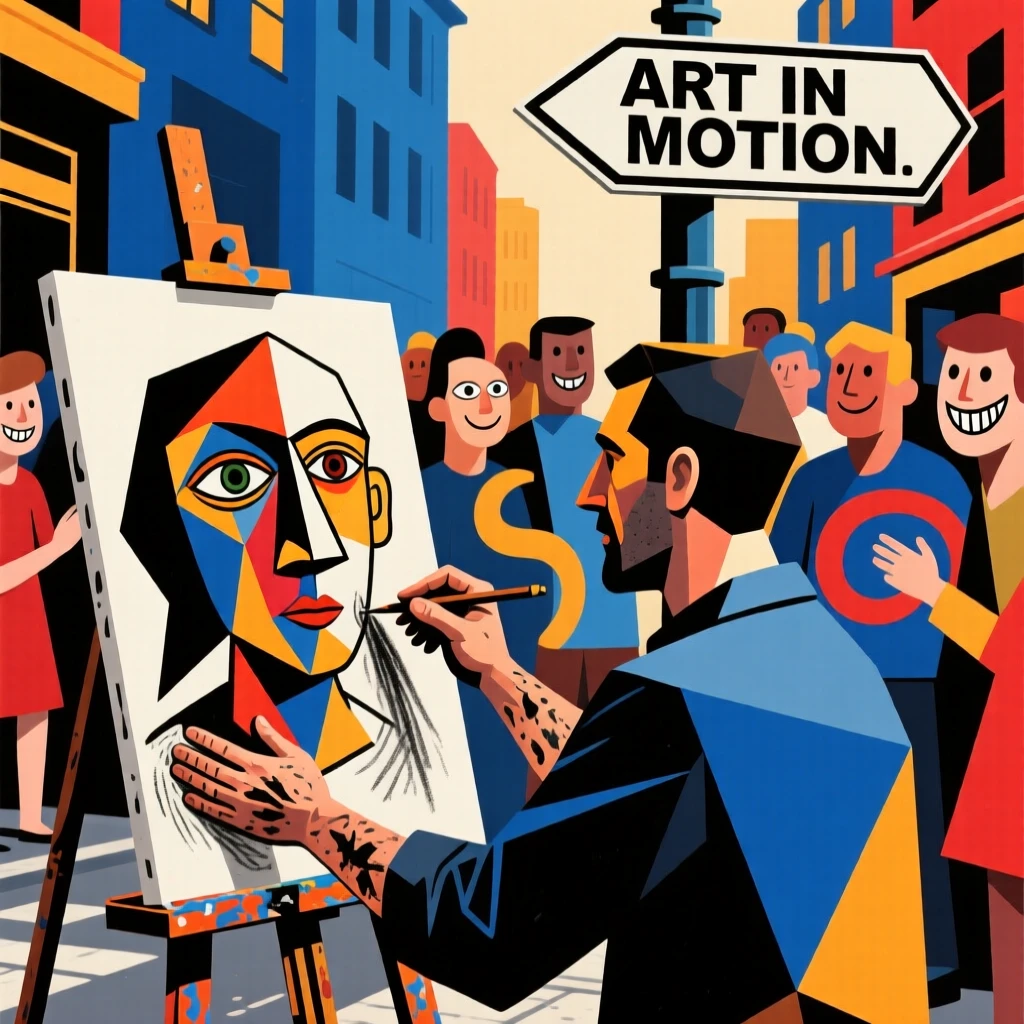 A street artist sketching a lively portrait for a curious crowd of onlookers.