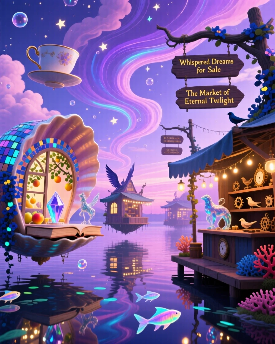 A floating market where stalls drift gently past one another drifts slowly across a lavender horizon, as tiny lights flicker on in its windows one by one.