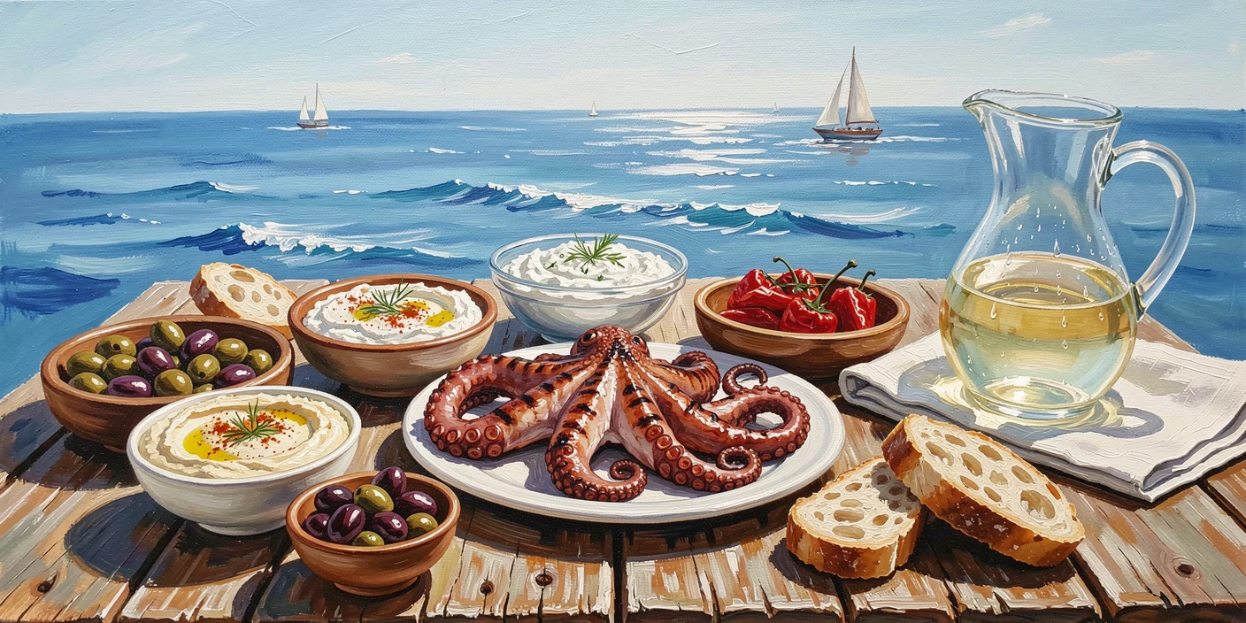 A rustic Greek taverna table displays a colorful spread of mezze, grilled octopus, and a chilled carafe of white wine overlooking the sea, natural light gently highlighting the colors and shapes of the dish from above.
