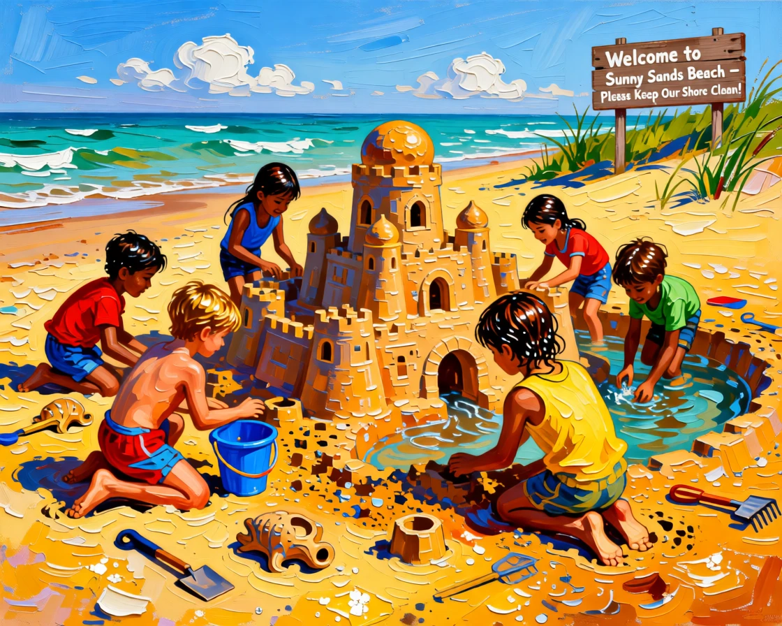 A group of children building an elaborate sandcastle together on a sunny beach