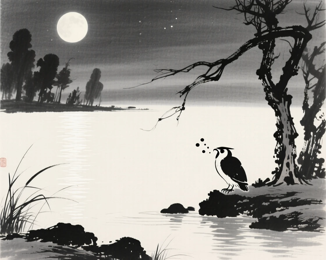 Moonlight glimmers softly across the surface of a still lake, as an owl calls from somewhere deep in the trees.
