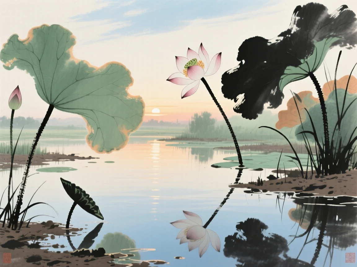 Lotus flowers opening at first light above a still pond, in the height of summer.
