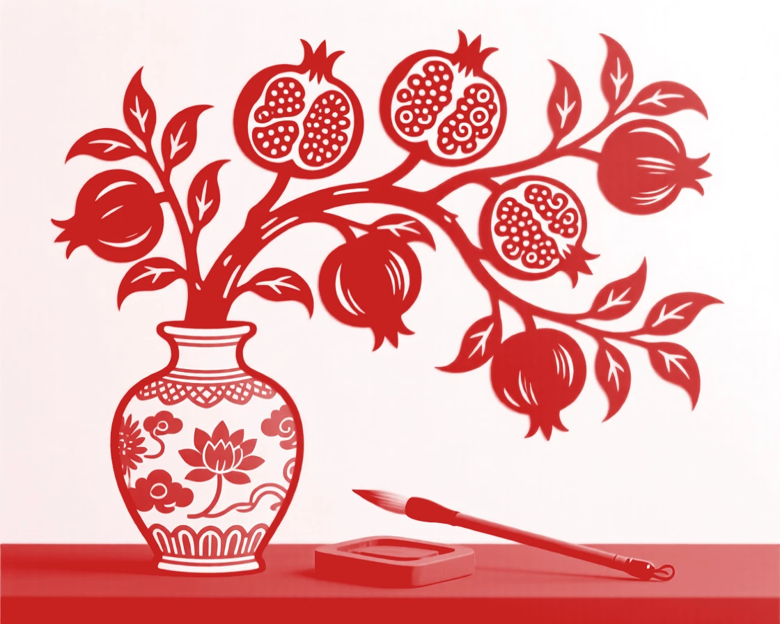 A pomegranate branch arranged in an antique porcelain vase, beside a scholar's brush and inkstone.