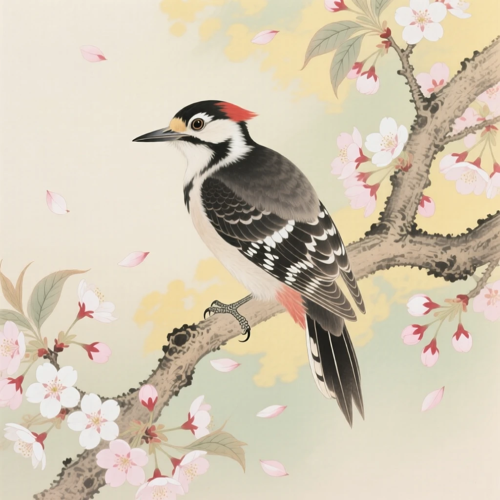 A woodpecker surrounded by falling cherry blossom petals, soft morning light filtering through the branches