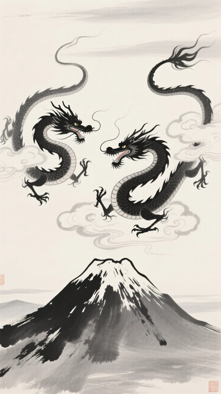 A pair of cloud dragons circling a distant mountain summit, framed to emphasize scale against a vast open sky, evoking wonder, myth, and quiet reverence.